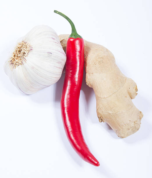 Closeup of a chili pepper, garlic and ginger on a white background.
