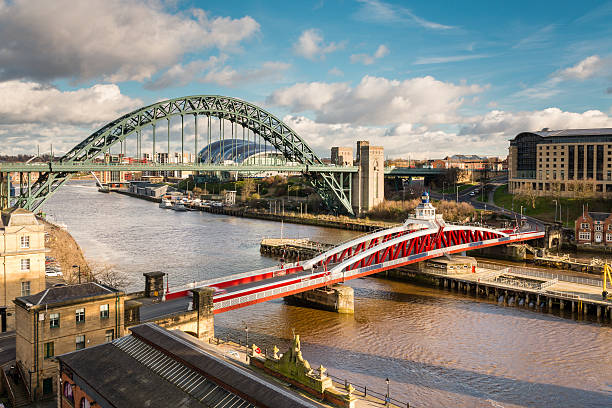 Tyne and Swing Bridges from above The iconic bridges over the River Tyne between Newcastle and Gateshead have become famous and attract many visitors to the quayside northeastern england photos stock pictures, royalty-free photos & images