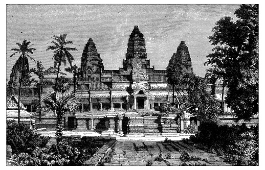 Antique illustration of view of the Angor Wat from a photograph taken by Gsell. This is the front of a very big Buddhist (but formerly Hindu) temple complex called Angkor Wat (