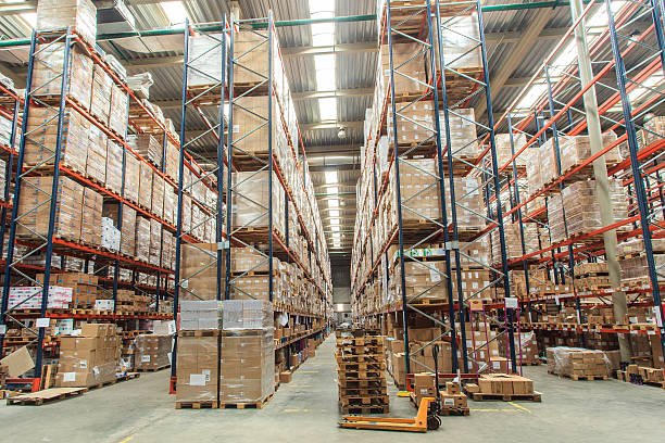 warehouse shelves with goods stock photo