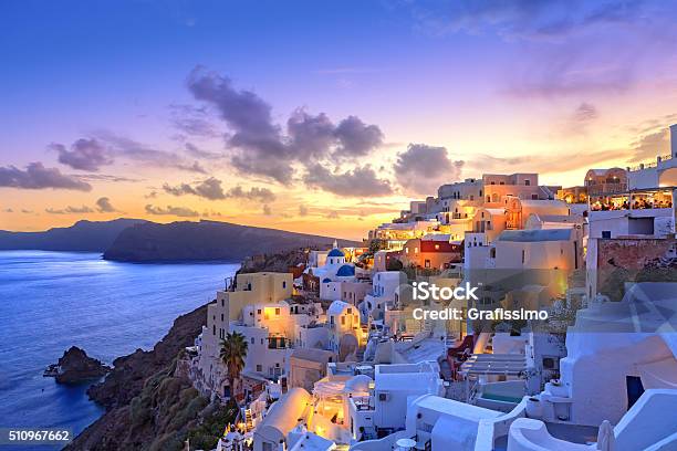 Santorini Sunset At Dawn Village Of Oia Greece Stock Photo - Download Image Now - Greece, Santorini, Sunset