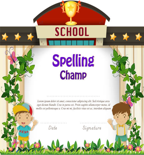 Diploma template with boys in garden Diploma template with boys in garden illustration spelling bee stock illustrations