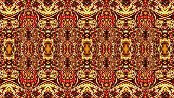 A wallpaper with such an ornate pattern and royal colouring would surely have enriched the palace of Louis Quatorze in 17th century France. Really, this pattern lies within a numerical equation, a fractal. A fractal is a kind of mathematical graph laid out as a picture. A number is put into an equation, and the answer is recorded as a coloured dot. That answer is then put into the same equation to generate a second answer, which is also recorded. This procedure is repeated thousands of times, with each new answer being used to generate the next one. The end results can be astonishingly complicated and beautiful, and any part of the image may be enlarged in order to reveal even more complexity.