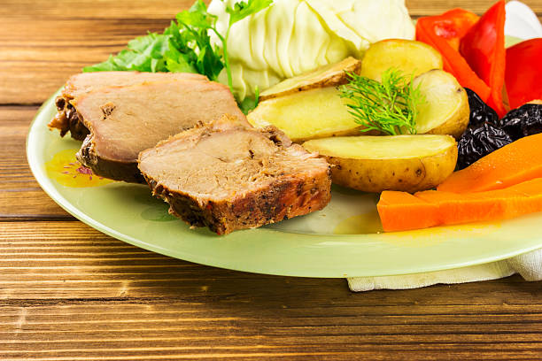 istock sliced pork meat with stewed various vegetables in plate 510969490