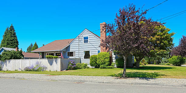 istock House exterior with brick chimney. Front yard view 510974755