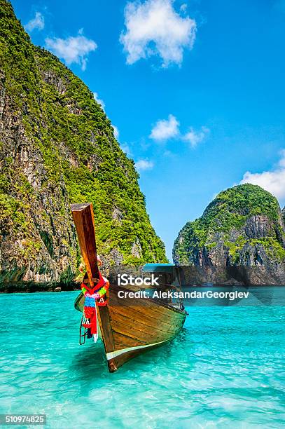 Longtail Wooden Boat At Maya Bay Thailand Stock Photo - Download Image Now - Thailand, Phuket Province, Phi Phi Islands