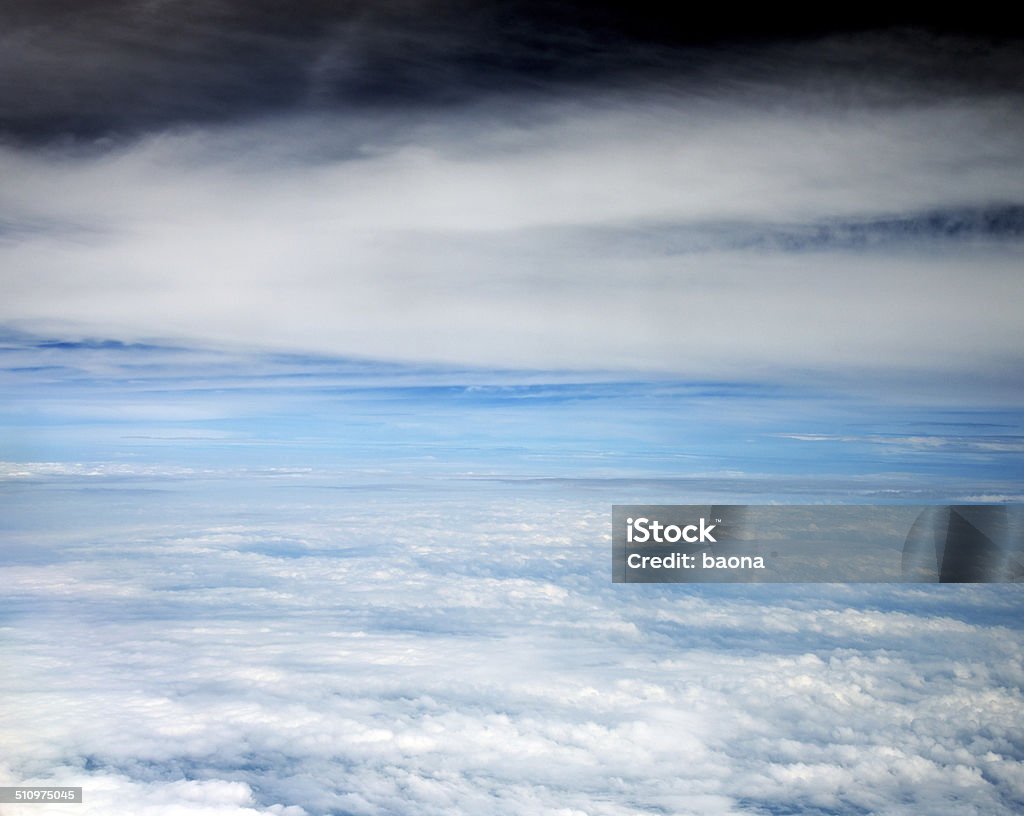 above the clouds Aerial view of a series of cumulus. Above Stock Photo