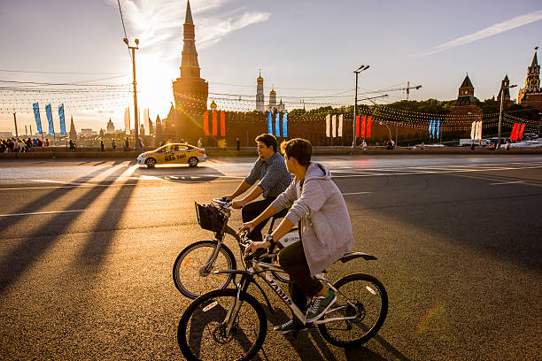 People cycling in Moscow city center, Russia stock photo