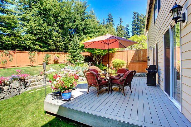 istock Backyard patio area with landscape 510976093