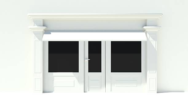 sunny shopfront avec de grandes fenêtres, white store avec auvent de la façade - store facade window display outdoors photos et images de collection