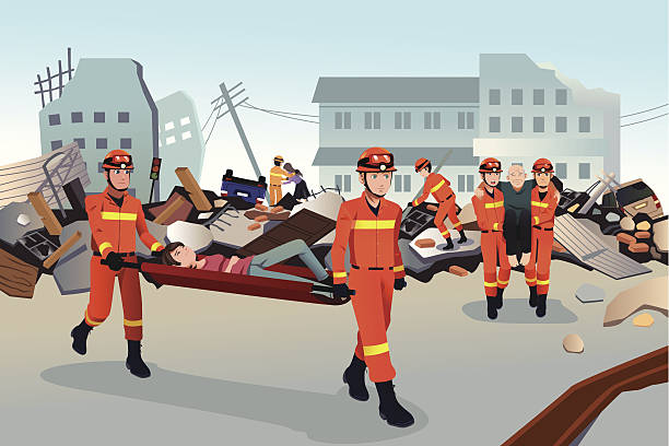 Rescue teams searching through the destroyed buildings vector art illustration