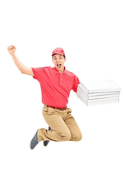 Photo of Overjoyed pizza delivery guy jumping