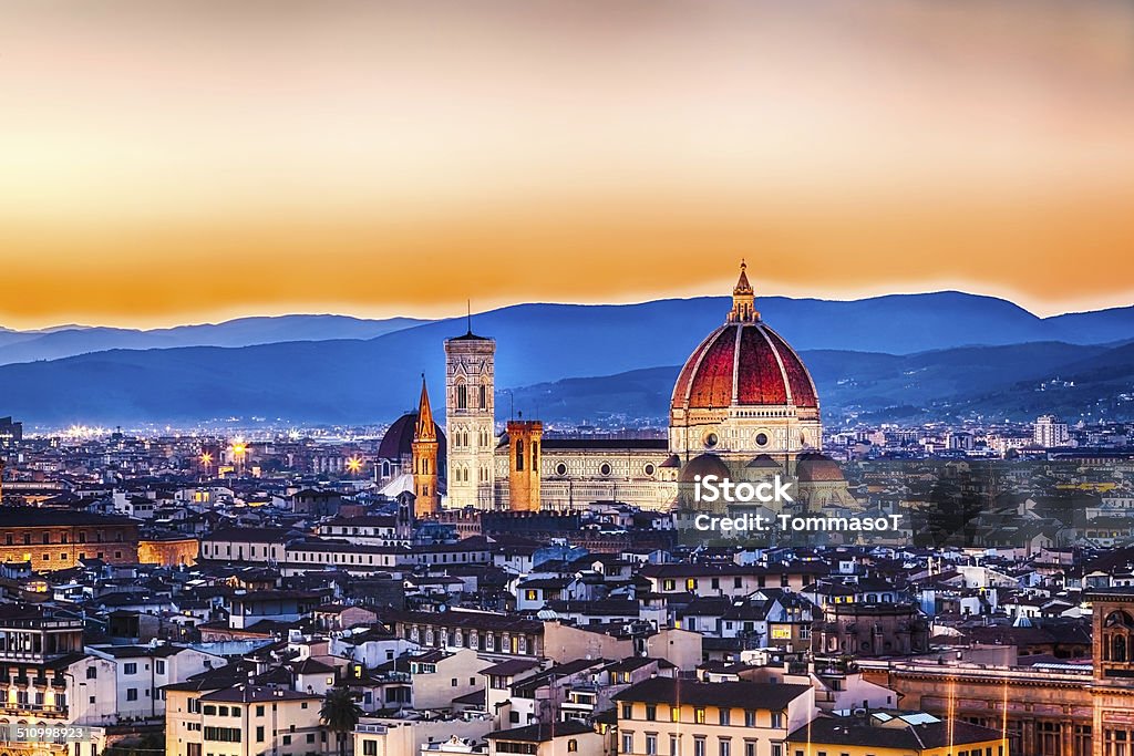 The Duomo of Florence at Sunset - Italy Beautiful sunset from Piazzale Michelangelo.  Basilica di Santa Maria del Fiore, The Duomo of Firenze.  Tuscany - Italy Florence - Italy Stock Photo