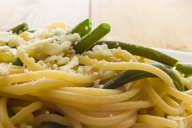 Spaghetti with garlic oil and green beans from Italy