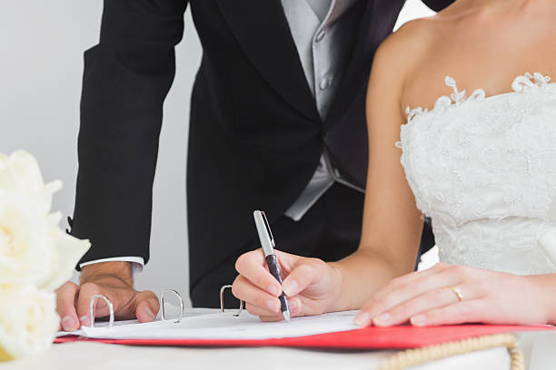 istock Close up of young bride signing wedding contract 511001245