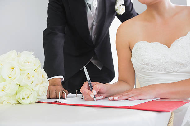 istock Mid section of a young couple signing wedding contract 511001755