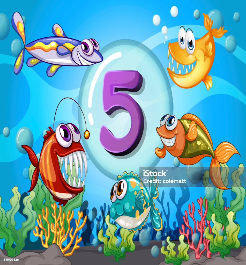 Flashcard Số 5 Với 5 Con Cá Dưới Nước Hình minh họa Sẵn có - Tải ...