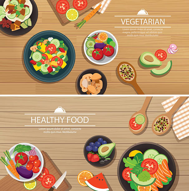 ilustrações de stock, clip art, desenhos animados e ícones de vegetariano orgânicos saudáveis em um fundo de madeira vista superior plana - vegetables table