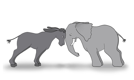 An political symbol illustration of a United States gray donkey (Democratic party) and a gray elephant (Republican party) going head-to-head in a debate. 