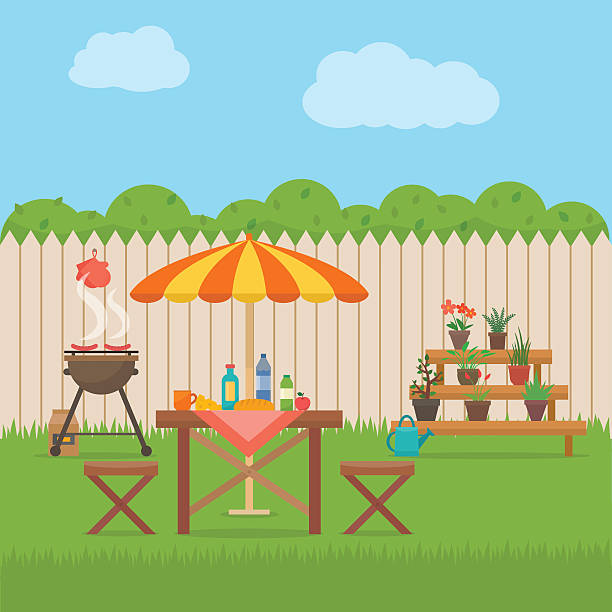 haus garten mit grill. - summer party drink umbrella concepts stock-grafiken, -clipart, -cartoons und -symbole
