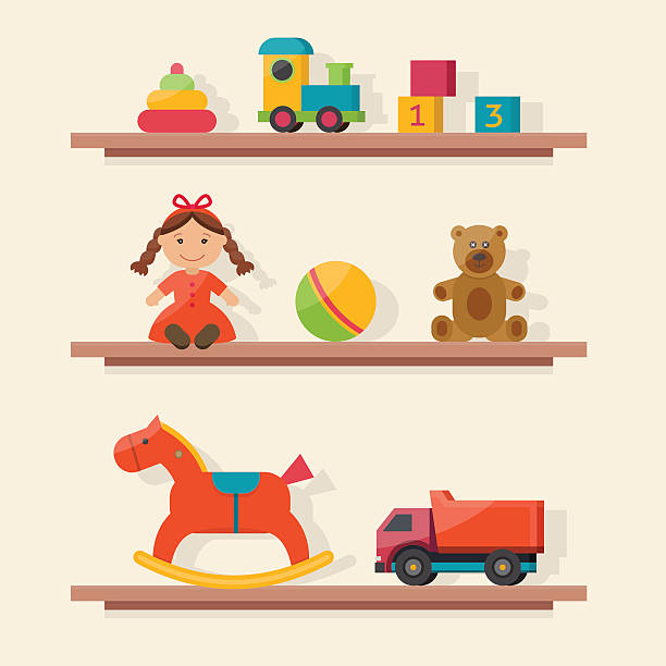 Kids toys in boxes. Kids toys in boxes. Playroom kids in nursery. Baby room interior. Flat style vector illustration. bedroom illustrations stock illustrations
