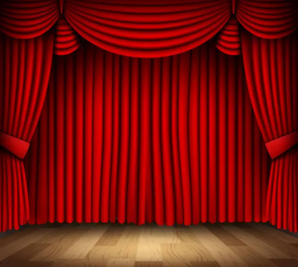 Vector illustration of Red curtain of classical theater with wood floor