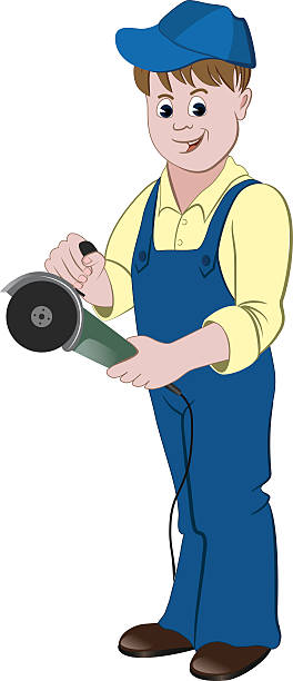 ilustraciones, imágenes clip art, dibujos animados e iconos de stock de reparador o manitas de pie con una esmeriladora angular o sierra - maintenance engineer home improvement men manual worker