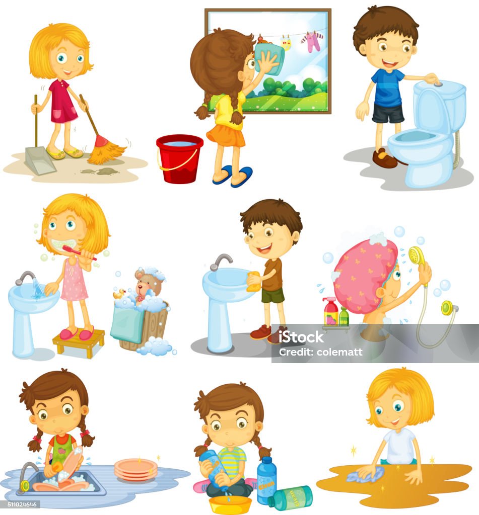 Children doing different chores Children doing different chores illustration Child stock vector