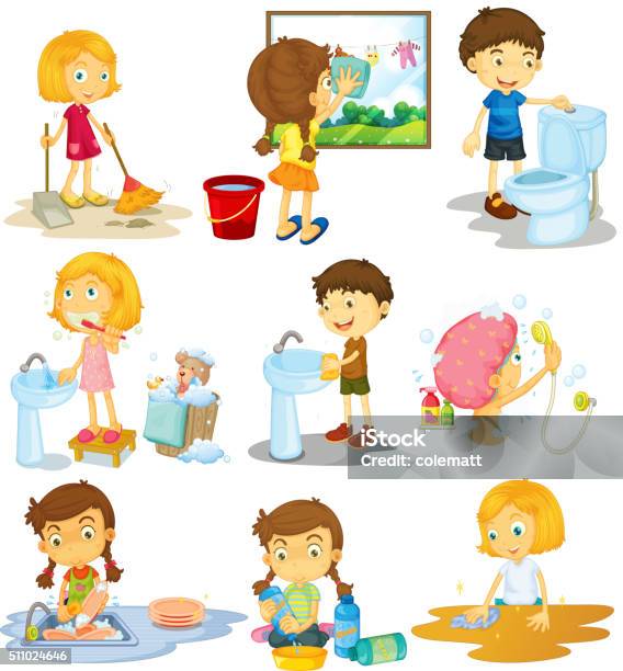 Children Doing Different Chores Stock Illustration - Download Image Now - Child, Chores, Boys