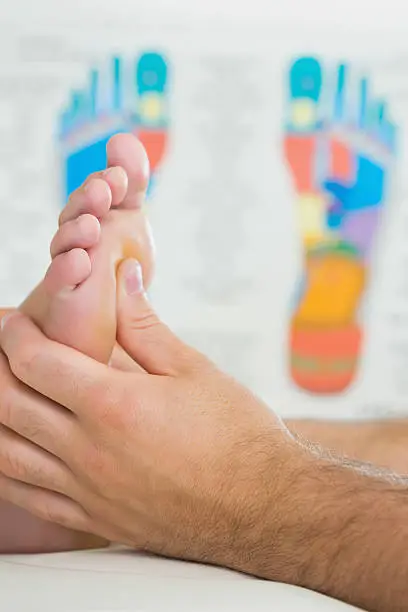 Close up picture of physiotherapist massaging a patients foot in bright office