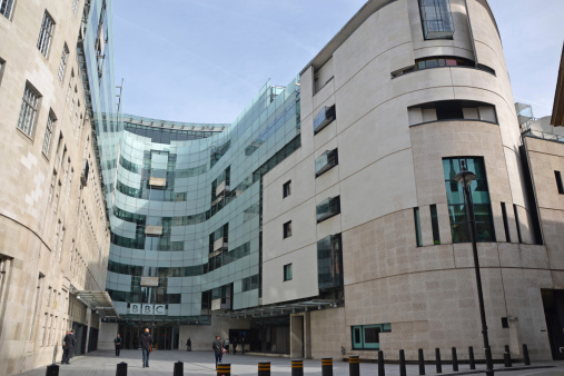 London, UK - May 4, 2014: BBC broadcasting house in London, UK. The building is the headquarters of the BBC.