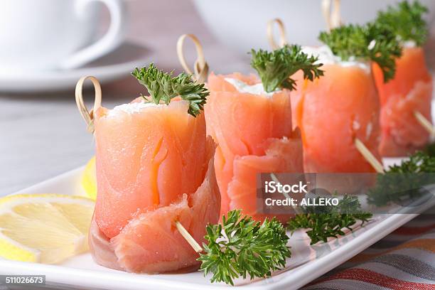 Rolls Of Red Fish With Cream Cheese Closeup Horizontal Stock Photo - Download Image Now