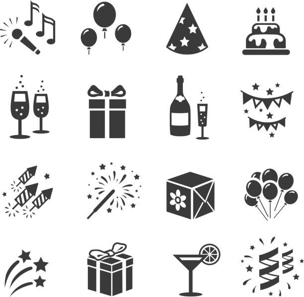 ilustraciones, imágenes clip art, dibujos animados e iconos de stock de conjunto de iconos de cumpleaños, celebración - food and drink holidays and celebrations isolated objects birthdays