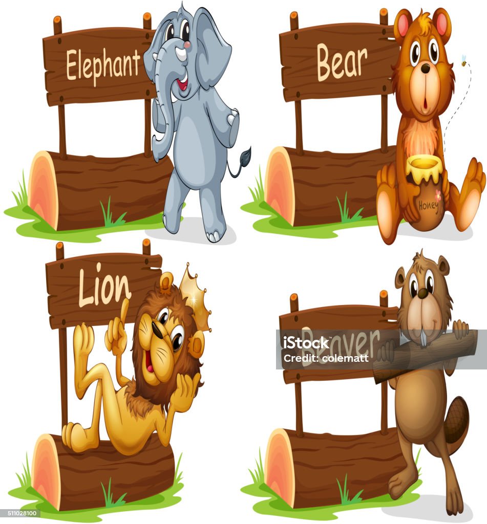 Four Wild Animals With Wooden Sign Stock Illustration - Download Image Now  - Animal, Animal Wildlife, Backgrounds - iStock