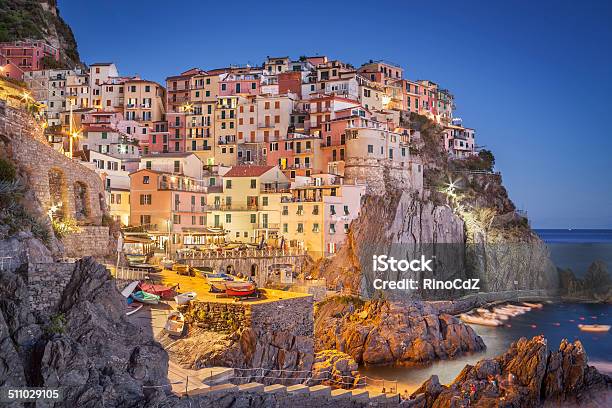 Village Of Manarola By Night Stock Photo - Download Image Now - Architecture, Bay of Water, Beach