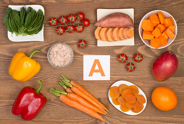 Food sources of beta carotene and vitamin A Food sources of beta carotene and vitamin A vitamin a nutrient stock pictures, royalty-free photos & images