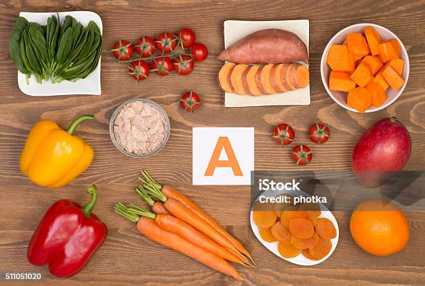 Food Sources Of Beta Carotene And Vitamin A Stock Photo - Download Image Now - Vitamin A - Nutrient, Carrot, Bell Pepper