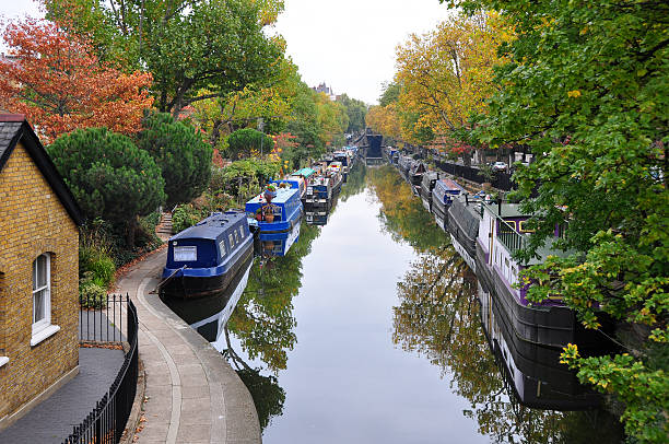 Regent's Canal, London Horizontal view of Regent's Canal in Little Venice. little venice london stock pictures, royalty-free photos & images