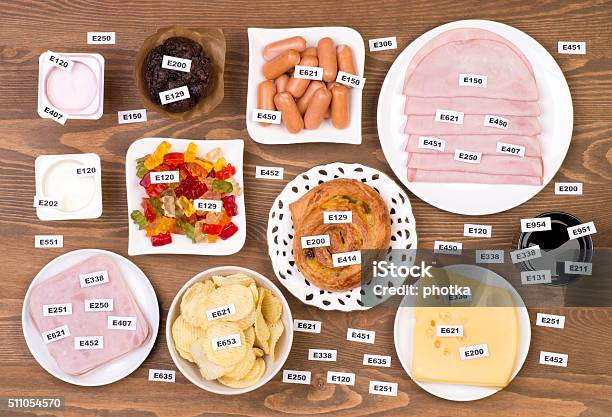 Unhealthy Food Additives Stock Photo - Download Image Now - Candy, Cheese, Directly Above