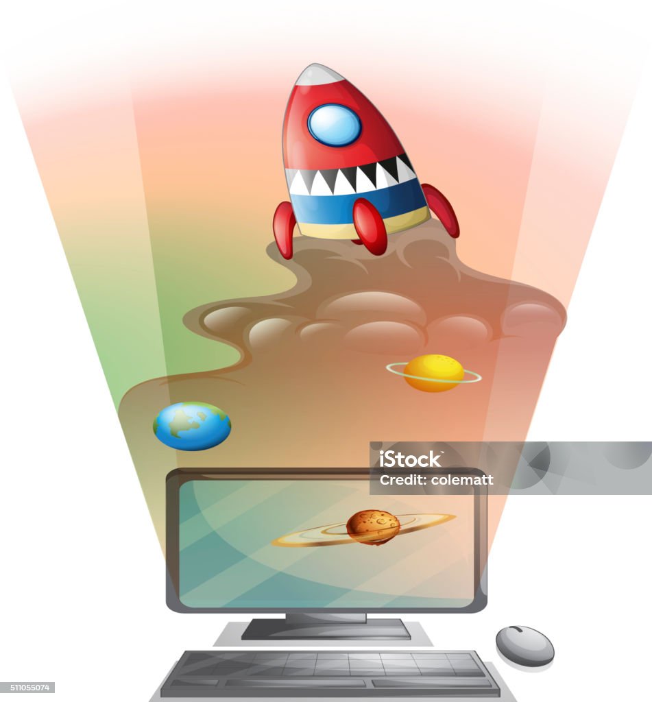 Rocketship Computer Screen Computer Screen With Rocket Ship In Space Stock Illustration - Download ...