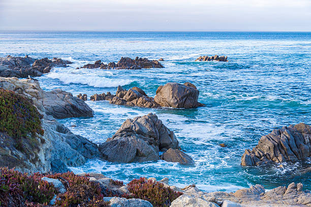 vista do mar de monterey baía ao pôr do sol no pacífico grove, califórnia - pacific grove northern california horizontal seascape imagens e fotografias de stock