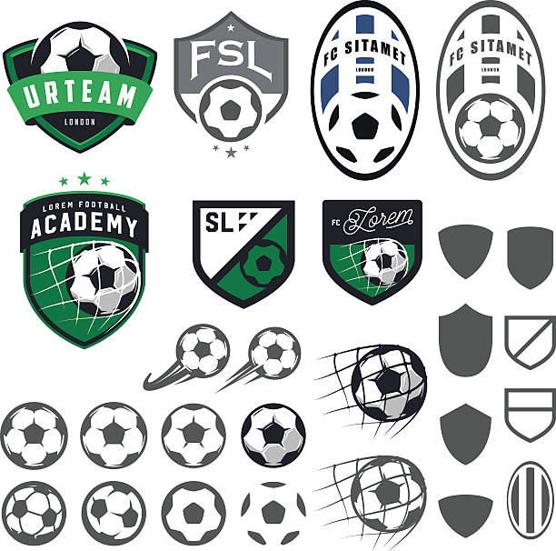 ilustrações, clipart, desenhos animados e ícones de conjunto de futebol, futebol emblema elementos de projeto - soccer