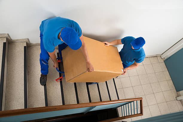 Two Movers With Box On Staircase