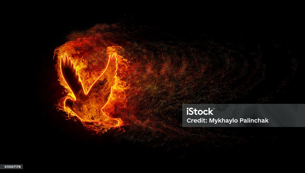 Silhouette of the bird with the flames Silhouette of the bird with the flames of fire and explosion with lots of sparks Fire - Natural Phenomenon Stock Photo