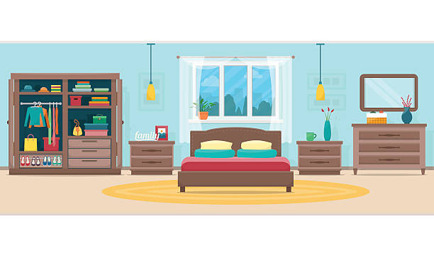 schlafzimmer mit möbel und vorhänge - bedroom stage stock-grafiken, -clipart, -cartoons und -symbole