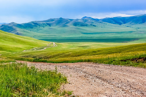 Winding dirt track through lush rolling hills of Central Mongolian steppe