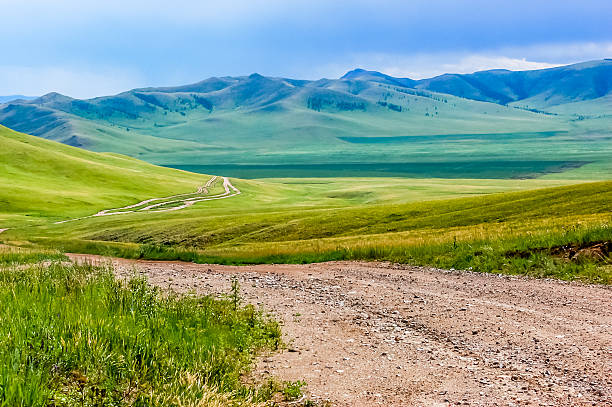 Winding dirt track in Mongolian steppe stock photo
