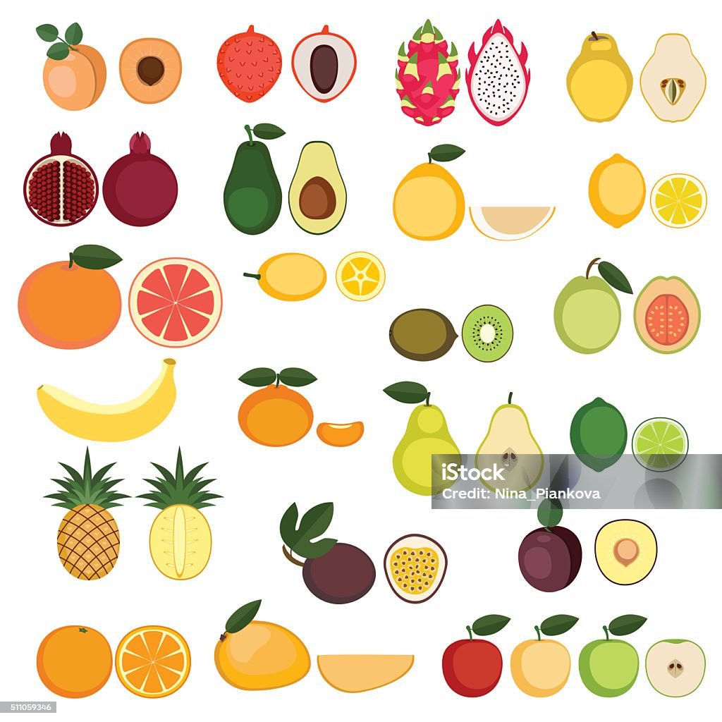 Collection of Fruits icons Set of cartoon food icons. Fresh fruits. Fruit stock vector