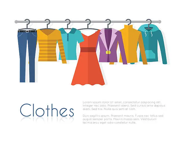 Vector illustration of Racks with clothes on hangers.