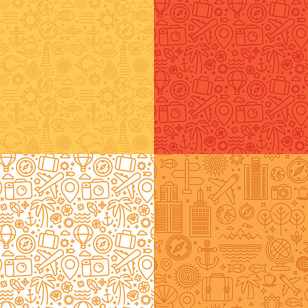 vector seamless patterns with linear icons and signs related to - travel background stock illustrations